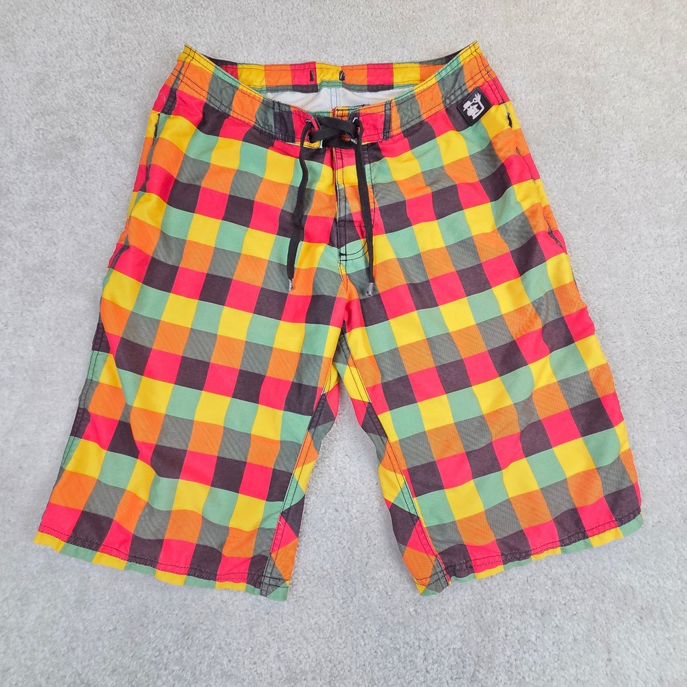 Y2K Reunion Island Boardshorts Mens 28 Plaid Surf Swim Trunks Pardon Beach 11"‎